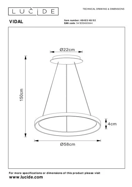 Lucide VIDAL - Pendant light - Ø 58 cm - LED Dim. - 1x48W 2700K - Matt Gold / Brass - technical